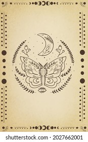  illustration, hand-drawn butterfly. Abstract mystical sign. Sky pattern in old engraving style. Vector set of sacred geometric and natural symbols on a black background. Abstract coll