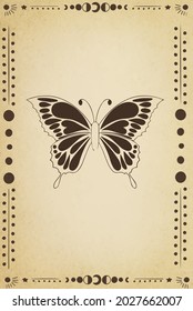  illustration, hand-drawn butterfly. Abstract mystical sign. Sky pattern in old engraving style. Vector set of sacred geometric and natural symbols on a black background. Abstract coll