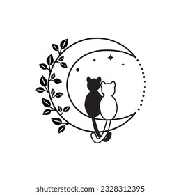 Illustration of hand-drawn cat and moon contour graphics