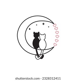 Illustration of hand-drawn cat and moon contour graphics