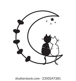 Illustration of hand-drawn cat and moon contour graphics