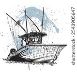 Illustration of a hand-drawn fishing boat with ink splashes, elegant boat vector	
