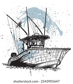 Ilustração de um barco de pesca desenhado à mão com respingos de tinta, vetor de barco elegante	
