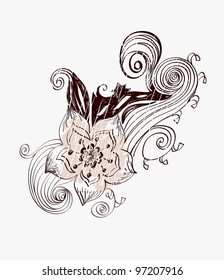 illustration with hand-drawn flowers and design element.
