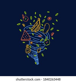 Illustration of a hand-drawn fruit milkshake. Cartoon vector concept of fruit mix in the style of Doodle. Fruits: banana, mango, Apple, lemon, mint leaves, lemonade or fruit mix. Picture mixer with a