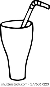 illustration hand-drawn juice in a glass with a straw in a doodle style black and white hand-drawn