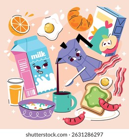 Illustration of Hand-drawn Kitschy Retro Breakfast