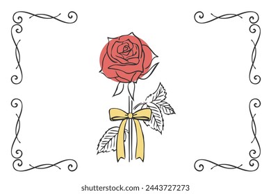 Illustration of hand-drawn line drawing of red roses and decorative frame.