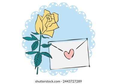 Illustration of a hand-drawn line drawing of a yellow rose and a letter.