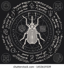 Illustration of a hand-drawn lumberjack beetle on an old abstract illegible text written in a circle with magical inscriptions and symbols. Vector banner in retro style on black background