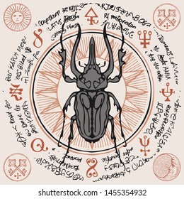 Illustration of a hand-drawn lumberjack beetle on an old abstract illegible text written in a circle with magical inscriptions and symbols. Vector banner in retro style