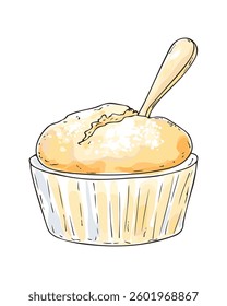 Illustration of a hand-drawn muffin with a spoon in paper cup. Fresh baking dessert design