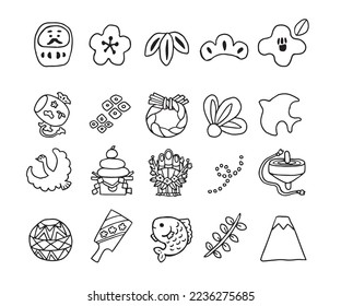 It is an illustration of a hand-drawn New Year icon set (line drawing).