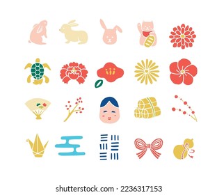 It is an illustration of a hand-drawn New Year icon set (line drawing).