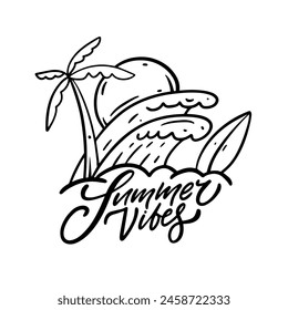 An illustration of a handdrawn palm tree, waves, and the words summer vibes in a black and white drawing. The design features a human arm gesturing towards the plant, enclosed in a rectangle font