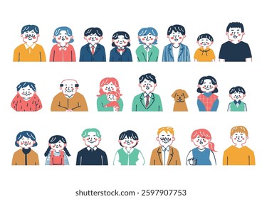  Illustration of hand-drawn people upper body icon set