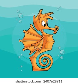Illustration of a Hand-Drawn Seahorse in Water with a Bubbly Background