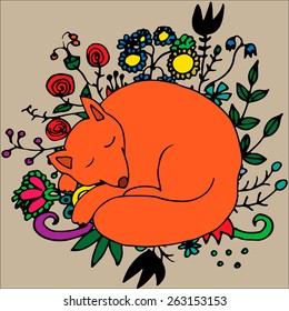 Illustration with hand-drawn sleeping cute fox and flowers