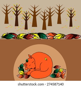 Illustration with hand-drawn sleeping cute fox