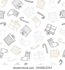 Illustration in a hand-drawn style. New Year's seamless pattern of New Year's socks, gifts. Can be used to create postcards, covers, patterns, backgrounds.