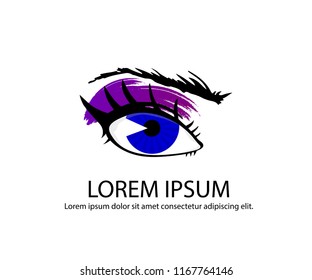 Illustration of hand-drawn woman's eyes with shaped eyebrows and full lashes and mascara, eyeliner, eye shadow. Element of logo for business visit card, typography vector, Perfect salon look. 