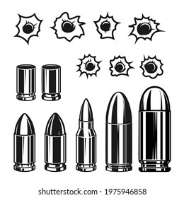 Illustration of handgun bullets  in monochrome style. Design element for logo, label, sign, emblem. Vector illustration