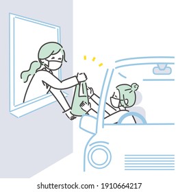 Illustration of handing over medicine while still in the car. Vector.