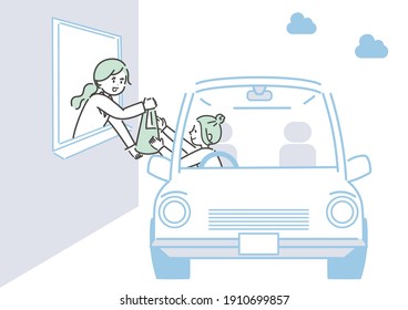 Illustration of handing over medicine while still in the car. Vector.