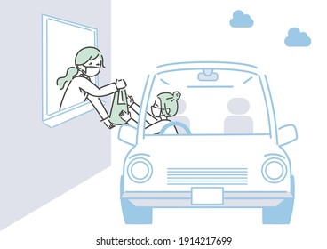 Illustration of handing over medicine while still in the car. Vector.