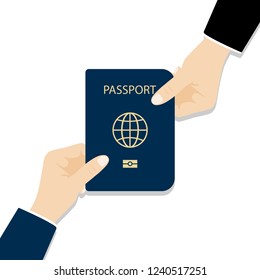 Illustration of handing over a passport. Passport in hands. Esp10