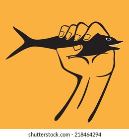 Illustration of handling holding up a fish done in cartoon style