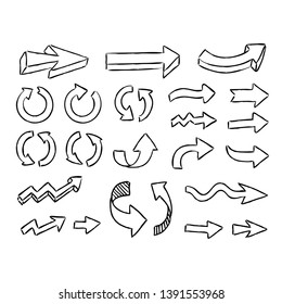 Illustration of handmade doodle arrows. Grunge sketch arrow vector set.