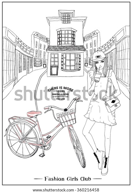 illustration\
handmade drawing vector girl and\
bicycle