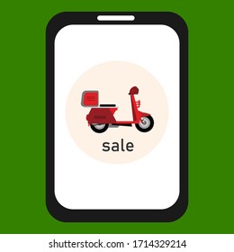 
illustration of handphone, and motorcycle, with cartoon style. illustration of buying and selling motorcycle online.