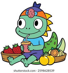 Illustration of Handrawn Icon Cute Cartoon A Dinosaur Tail Drinking Healthy Juice