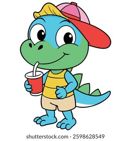 Illustration of Handrawn Icon Cute Cartoon A Dinosaur Tail Drinking Healthy Juice