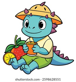 Illustration of Handrawn Icon Cute Cartoon A Dinosaur Tail Drinking Healthy Juice