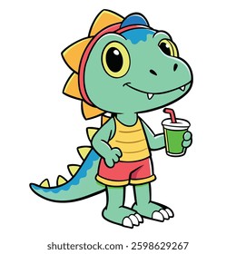 Illustration of Handrawn Icon Cute Cartoon A Dinosaur Tail Drinking Healthy Juice