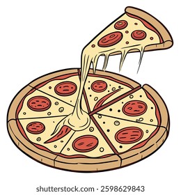 Illustration of a handrawn slice of pizza with melted mozzarella