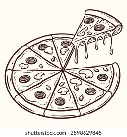 Illustration of a handrawn slice of pizza with melted mozzarella