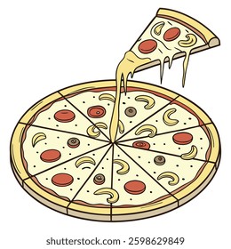 Illustration of a handrawn slice of pizza with melted mozzarella