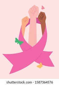 Illustration hands up against breast cancer. Ribbon – symbol of fight