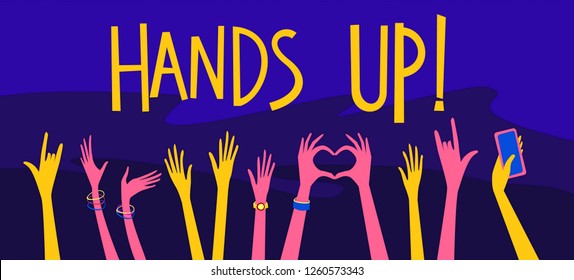 Illustration of hands up in the air in cartoon style. Fans at a concert takes photos on smartphones and makes heart shape