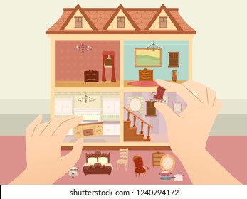 Illustration Of Hands Arranging Small Furniture Inside A Multiple Story Doll House