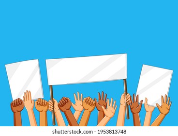 Illustration of hands with banners. Picket signs or protest placards on demonstration or protest.