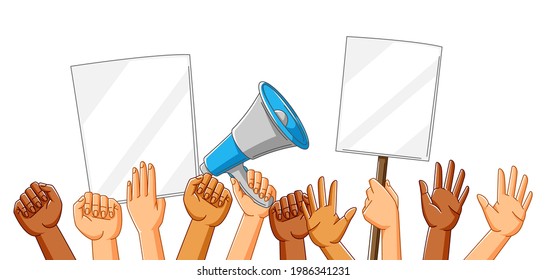 Illustration of hands with banners. Picket signs or protest placards on demonstration or protest.