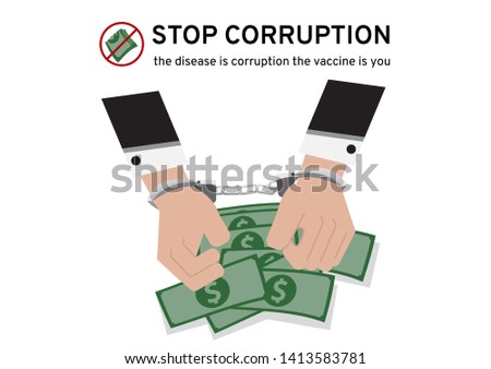 The illustration of a hands of businessman in black suit was arrested for corruption. Evidence from the pile of money And detained by putting silver handcuffs isolated on white background, vector