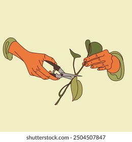 Illustration of hands caring for plants. Pruning a plant. Gardeners and florists cartoon concept.