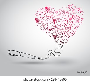 Illustration of hands cartoon hearts and pen