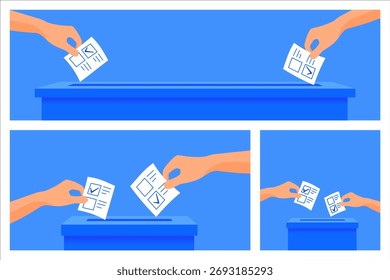 Ilustración de manos lanzando boletas en una caja de votación azul, representando la participación electoral, la democracia y la responsabilidad cívica en un estilo moderno y minimalista